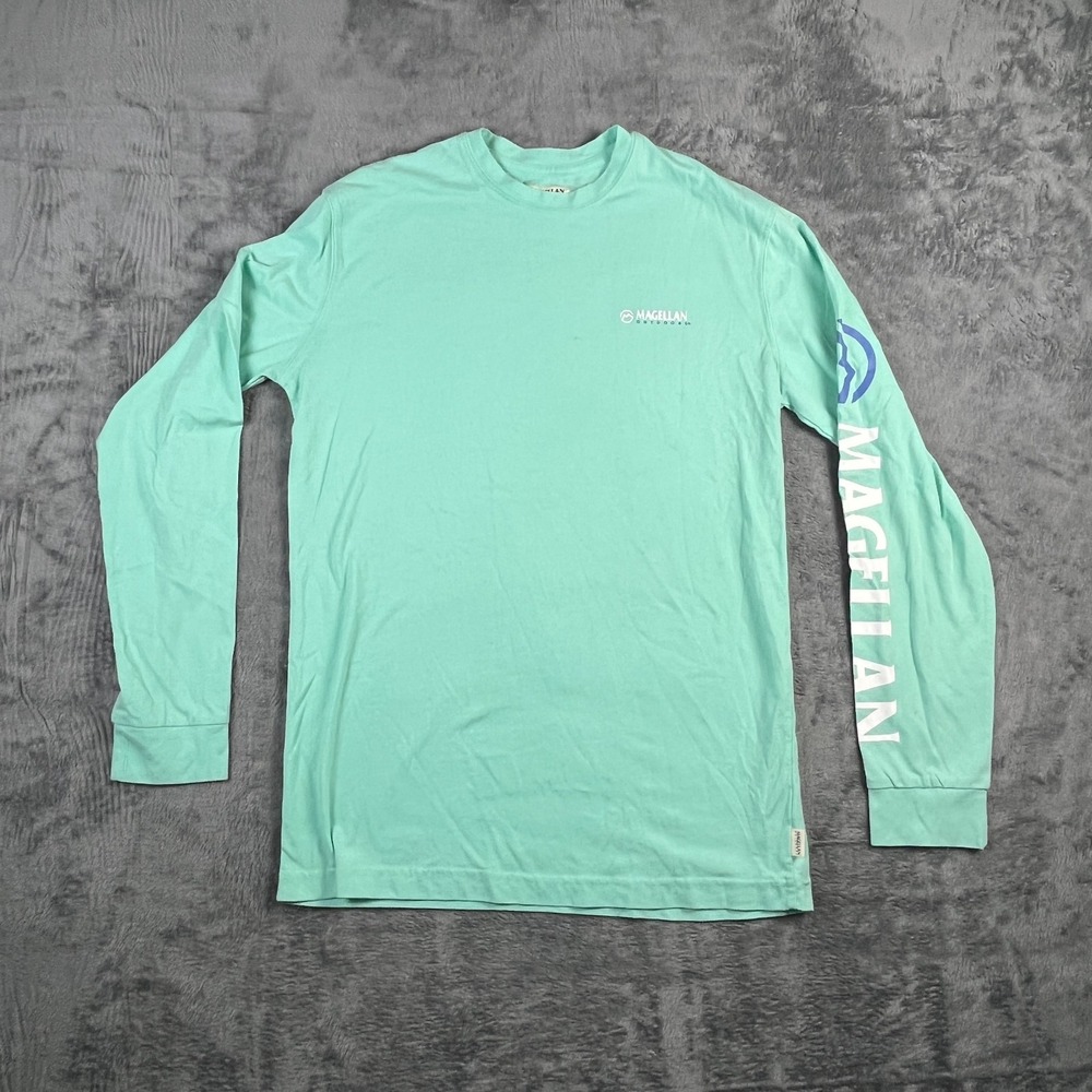 Magellan Outdoors T Shirt Mens Small Teal Green Graphic Logo Long Sleeve Shirt